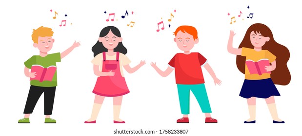 Cartoon children choir flat vector illustration. Cute kids singing song at music school, church or vocal group. Friendship, music and performance concept