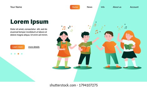 Cartoon children choir flat vector illustration. Cute kids singing song at music school, church or vocal group. Friendship, music and performance concept