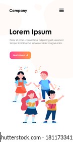 Los niños de dibujos animados corean la ilustración vectorial plana. Niños guapos cantando canciones en la escuela de música, iglesia o grupo vocal. Amistad, música y concepto de actuación