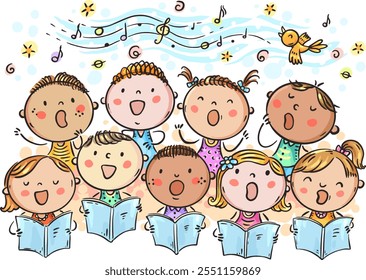 Coro de crianças dos desenhos animados. Crianças cantando coro. Grupo de crianças cantando. Desempenho de grupos infantis. Meninos e meninas felizes cantando música juntos. Concerto Choristers