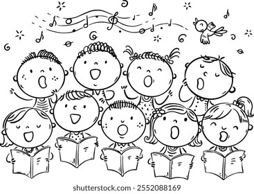 Coro de crianças dos desenhos animados. Crianças cantando coro. Grupo de crianças cantando. Desempenho de grupos infantis. Meninos e meninas felizes cantando música juntos. Choristers concerto. Ilustração em preto e branco