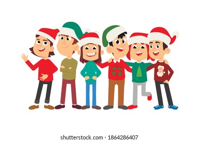 cartoon children in Christmas hats celebrate the New Year near a decorated Christmas tree. vector illustration