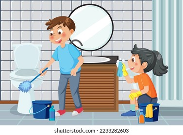 Cartoon children cleaning the house illustration