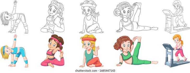 Niños de caricatura. Juego de piezas para los niños de la actividad de coloración libro, en la impresión de pantalones, icono, logotipo, etiqueta, parche o pegatina. Ilustración vectorial.