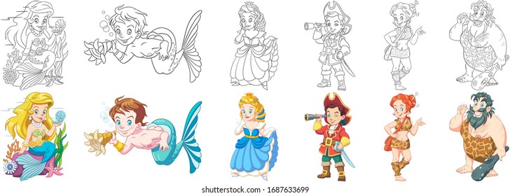 Cartoon children. Clipart set for kids activity coloring book, t shirt print, icon, logo, label, patch or sticker. Vector illustration.