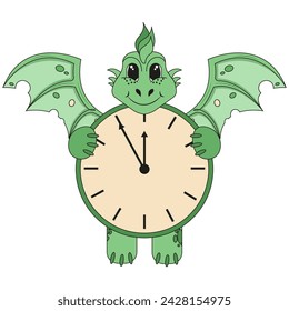 Cartoon children Clock with Dragon design. Symbol 2024 Chinese New Year isolated white background. Draco Clock. Vector illustration can used card cover design. EPS 10 Editable stroke