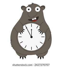 Cartoon children Clock with Teddy Bear design. Groundhog alarm-clock isolated white background. Animal Clock Design. Vector illustration can used web social media art. EPS 10 Editable stroke