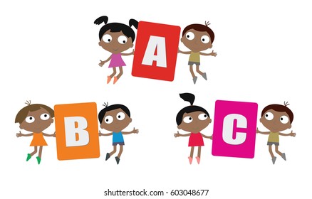 Cartoon children with colored letters in hands