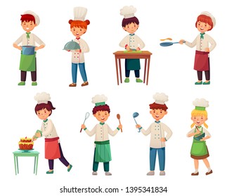 Cartoon Children Cooks. Little Chief Cook, Child Cooking Food And Young Kitchen Chiefs Vector Illustration Set