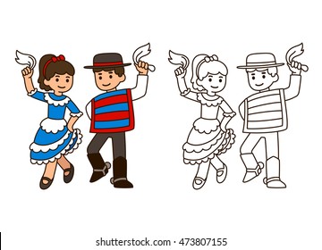 Cartoon children dancing Cueca, traditional dance in Chile. Boy and girl couple in national costumes. Outline for coloring book illustration.