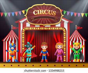 Cartoon children in different costume on the stage