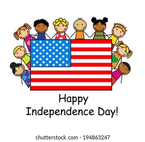 Cartoon children of different races holding an American flag