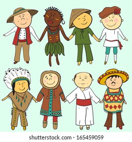 Cartoon children  in different traditional costumes, vector set