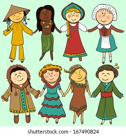 Cartoon children in different traditional costumes, vector set
