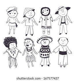 Cartoon children  in different traditional costumes, black-white sketch set