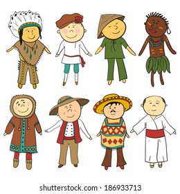 Cartoon children in different traditional costumes, vector set