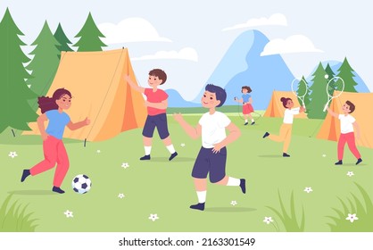 Cartoon children doing different sports in summer camp. Boys and girls playing football and tennis flat vector illustration. Healthy lifestyle, camping, sports concept for banner or landing web page