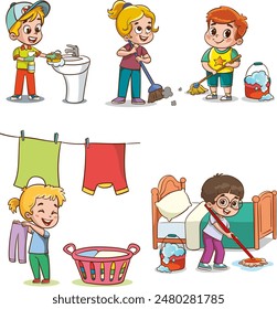 Cartoon children doing housework. Boys and girl helping parents with laundry, washing and vacuuming floor and taking out garbage. Characters doing cleanup or household chores vector