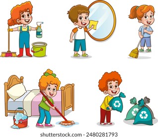 Cartoon children doing housework. Boys and girl helping parents with laundry, washing and vacuuming floor and taking out garbage. Characters doing cleanup or household chores vector