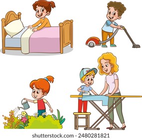 Cartoon children doing housework. Boys and girl helping parents with laundry, washing and vacuuming floor and taking out garbage. Characters doing cleanup or household chores vector