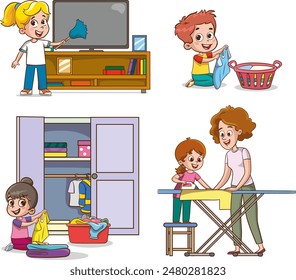 Cartoon children doing housework. Boys and girl helping parents with laundry, washing and vacuuming floor and taking out garbage. Characters doing cleanup or household chores vector