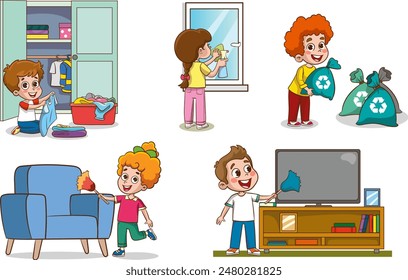 Cartoon children doing housework. Boys and girl helping parents with laundry, washing and vacuuming floor and taking out garbage. Characters doing cleanup or household chores vector