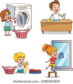 Cartoon children doing housework. Boys and girl helping parents with laundry, washing and vacuuming floor and taking out garbage. Characters doing cleanup or household chores vector