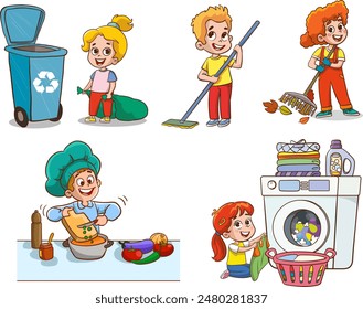 Cartoon children doing housework. Boys and girl helping parents with laundry, washing and vacuuming floor and taking out garbage. Characters doing cleanup or household chores vector