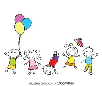 cartoon children doodle of party theme with balloons and butterfly