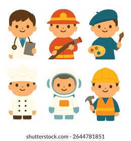 Crianças de desenhos animados vestidas como médico, bombeiro, artista, chef, astronauta e construtor sobre fundo branco. Ilustração de vetor plano no estilo de design de caracteres. Profissões infantis e conceito de carreira 