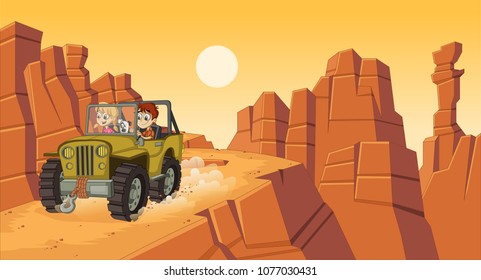 Cartoon children driving a car on the canyons.  Off road adventure.