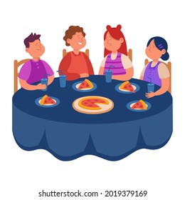 Cartoon children eating pizza for lunch together. Friends having breakfast or dinner at restaurant or cafe flat vector illustration. Fast food concept for banner, website design or landing web page