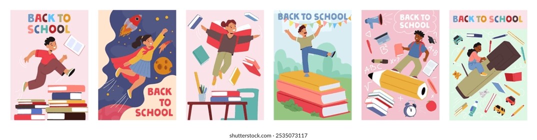 Cartoon Children Enthusiastically Engaging In Back To School Activities Expressing Joy And Adventure Featuring Books, School Supplies And Enthusiastic Students In A Playful And Inspiring Setting