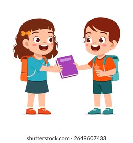 Crianças de desenhos animados trocando um livro com expressões sorridentes e mochilas escolares na ilustração