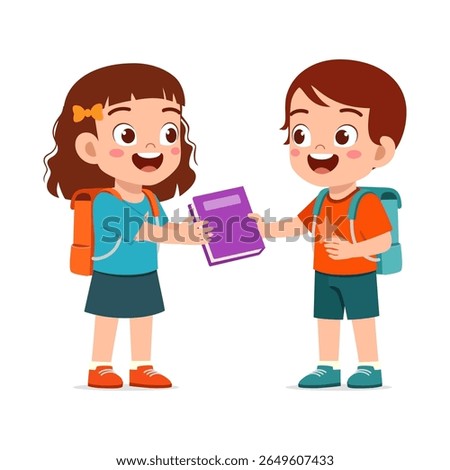 Cartoon Children Exchanging a Book with Smiling Expressions and School Backpacks in Illustration