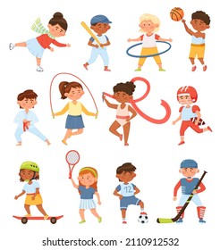 Cartoon children exercising and do sport with ball or rope. Vector sport exercise and healthy activity, collection of kids isolated