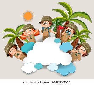 Cartoon children exploring, with tropical background and clouds