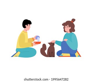 Cartoon children feeding stray cat, kind boy and girl giving food to hungry street animal or pet isolated on white background. Vector illustration of kids pouring milk