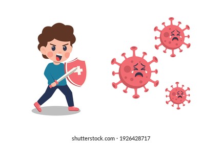 Cartoon children fighting the corona virus. Flat cartoon style suitable for web landing page, banner, flyer, sticker, card, children books and etc.