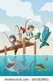 Cartoon Children Fishing On Wooden Pier. Kids Catching Big Fish, Shark And Turtle.