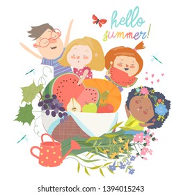 Cartoon children with flowers and fruits. Hello summer