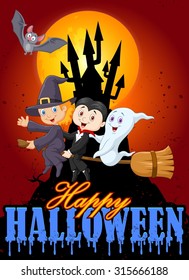 Cartoon children and ghost with big moon background