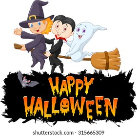 Cartoon children with ghost fly using broom