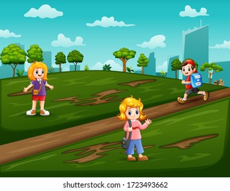 Cartoon the children going to school