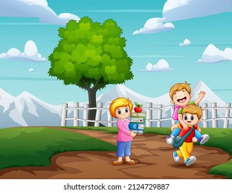 Cartoon children going to school on a dirt road