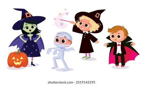 Niños de dibujos animados con disfraces de halloween. Pequeña bruja con una calabaza, una momia, Drácula, vampiro, zombi, una bruja con un palo mágico.