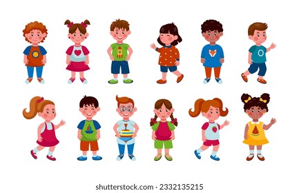 Cartoon children. Happy girls and boys, cute school or kindergarten students, multicultural people. Kids waving hands, holding toys. Positive characters laughing. Vector tidy isolated set