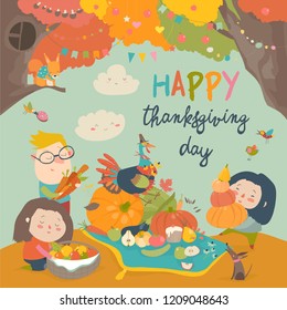 Cartoon children harvesting in autumn garden. Happy Thanksgiving Day