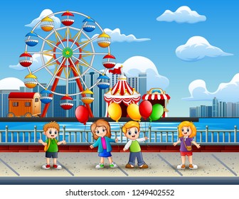 Cartoon of Children having fun on the lakeside with amusement park background