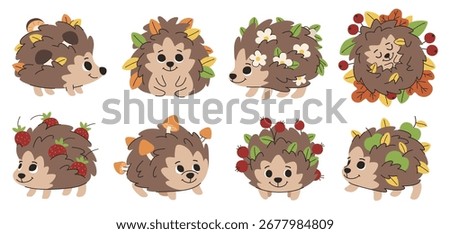 Cartoon children hedgehogs set. Cute forest hedgehogs with mushrooms, berries, leaves and apples on their backs. Autumn hedgehogs walk, hibernate. Vector illustration on a white background.